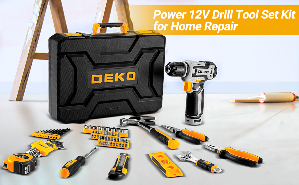 Набір інструментів DEKO 133 предмети в кейсі: акумуляторний дриль-шуруповерт 12V для ремонту та домашнього використання (сірий)