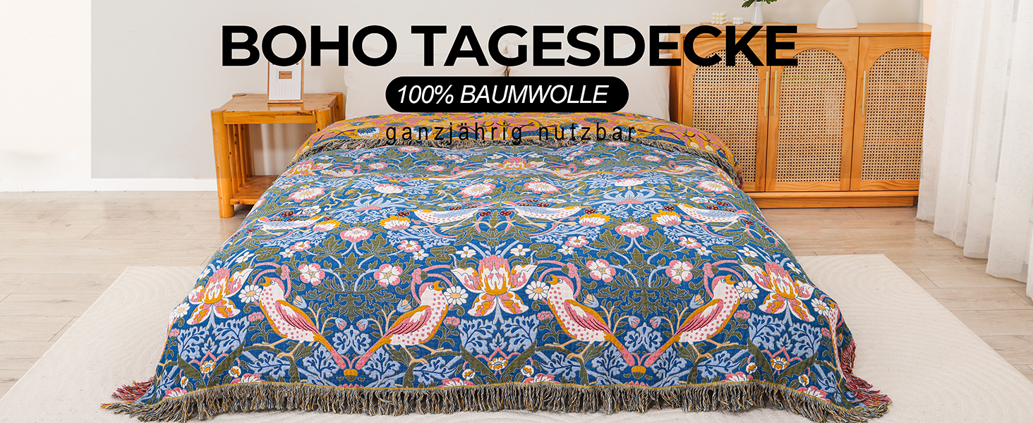 Плед Boho з 100% бавовни, стиль кантрі, 150х200 см (Птахи та квіти)