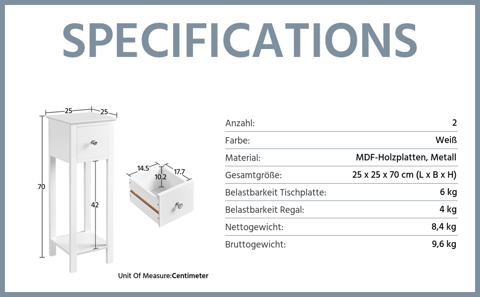 Нічний столик Yaheetech (2 шт.) з шухлядою та полицею, білий - для вітальні та спальні