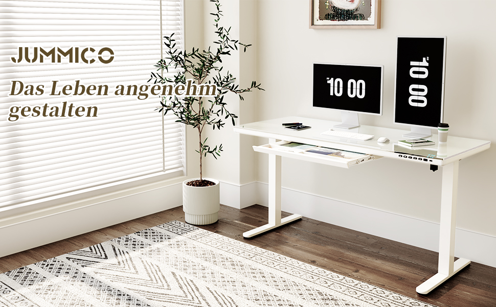 Регульований за висотою стіл JUMMICO, електричний стіл з ящиком, 120x60 см, стіл для стоячи/сидячи, Standing Desk для дому/офісу, білий (140 x 70 см, білий)