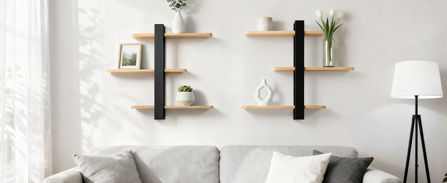 Полиця настінна дерев'яна SUMGAR, плаваюча, 3-ярусна, 50x58 см, чорно-дерев'яна, для вітальні, спальні