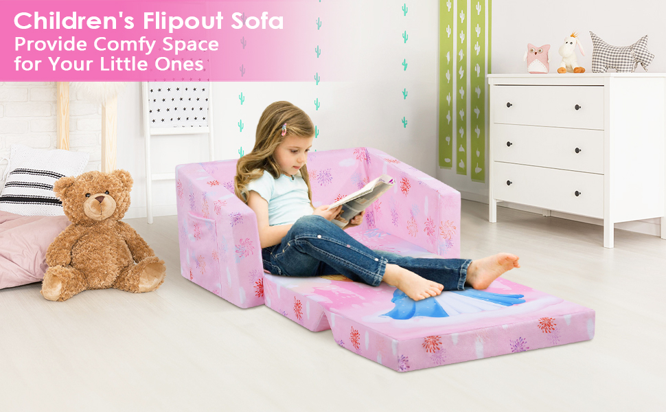 Дитяче крісло-диван 2 в 1 з кишенькою та антиковзаючим подушкою, розкладне, для спальні, вітальні, ігрової кімнати (Принцеса)