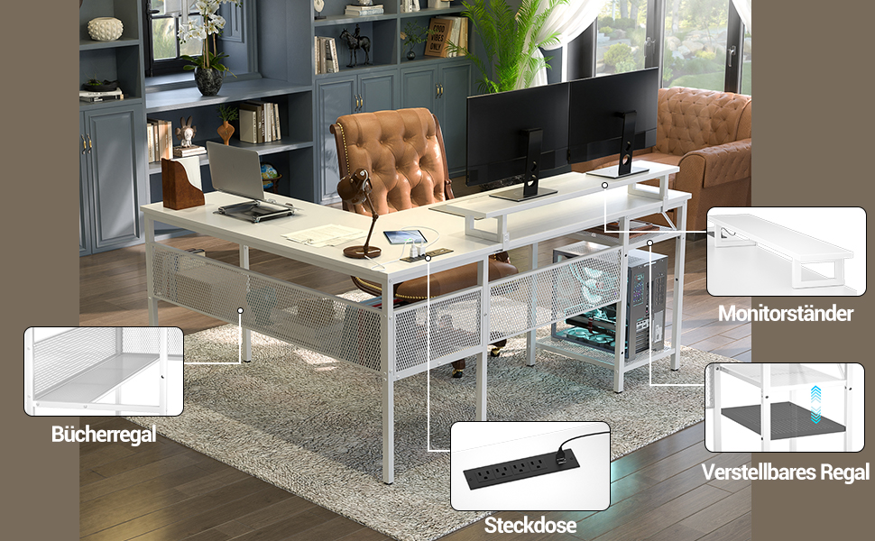 L-подібний ігровий стіл, 141x117x76 см, комп'ютерний стіл з полицею, офісний стіл з поворотним кутом для навчання, ігор, home office (білий)