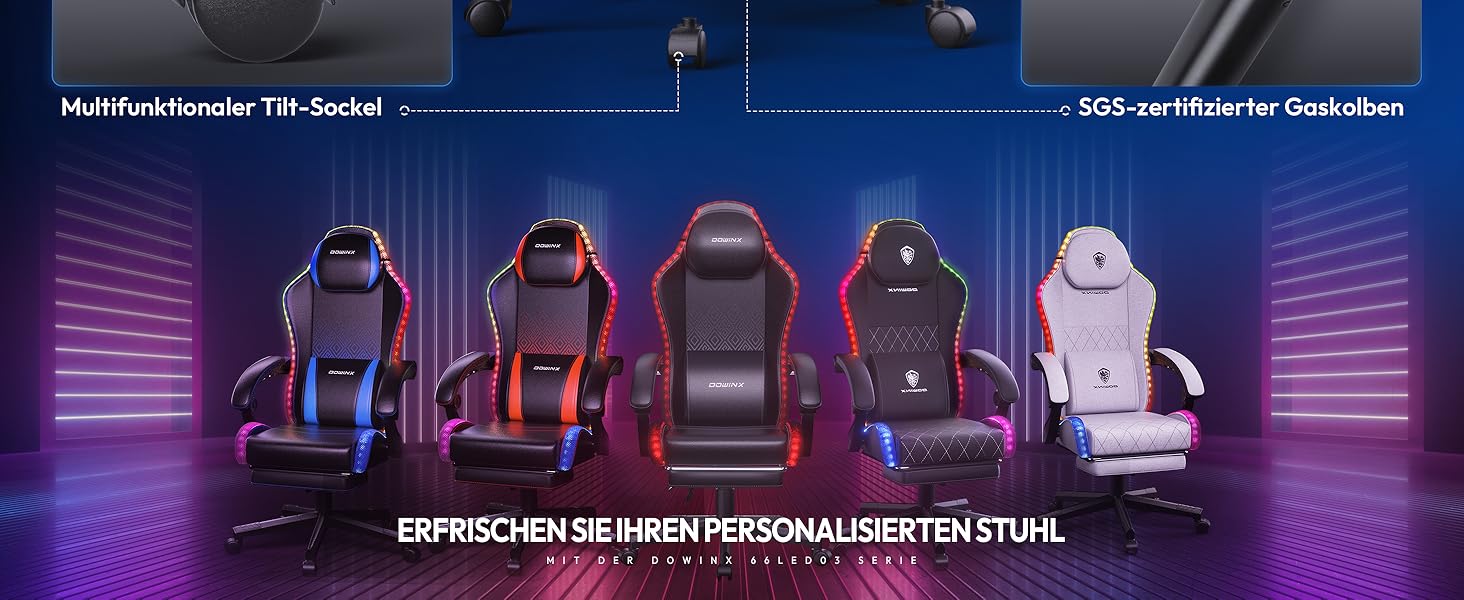 Ігровий крісло Dowinx з RGB підсвічуванням, LED, з підніжкою, для дорослих, ергономічний, з масажем попереку, PU шкіра, білий (блакитний)