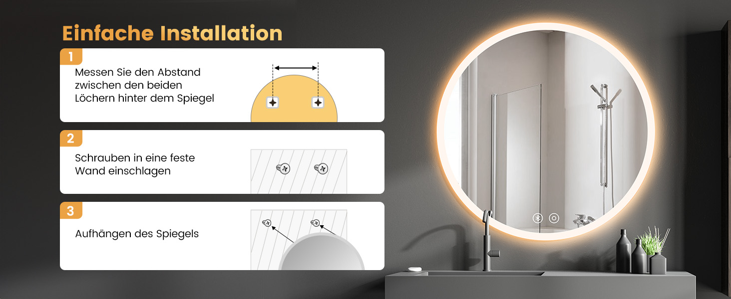 Дзеркало для ванної кімнати YOLEO з підсвічуванням, 70 см, LED, Bluetooth, сенсорне управління, захист від вибухів, 3 кольори світла, регулювання яскравості, антизапарник