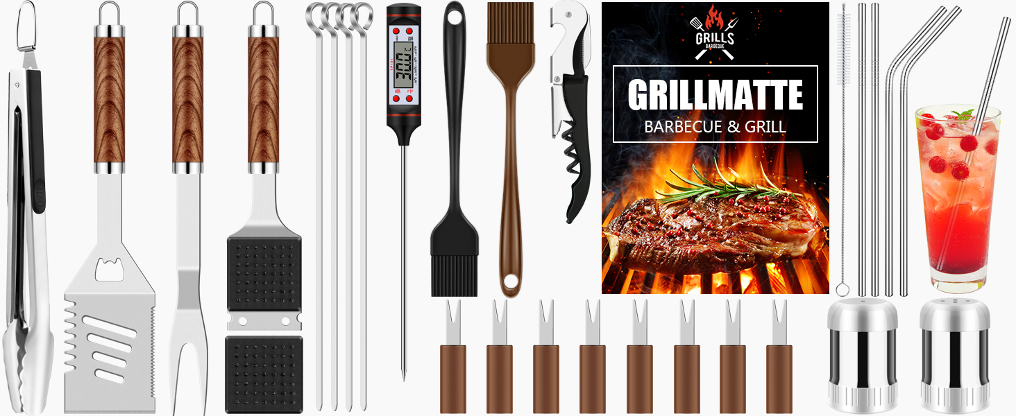 Набір для барбекю: 30 аксесуарів з нержавіючої сталі. Щипці, лопатка, відкривачка, кейс, килимок. Ідеальний подарунок для чоловіків, для саду, кемпінгу.