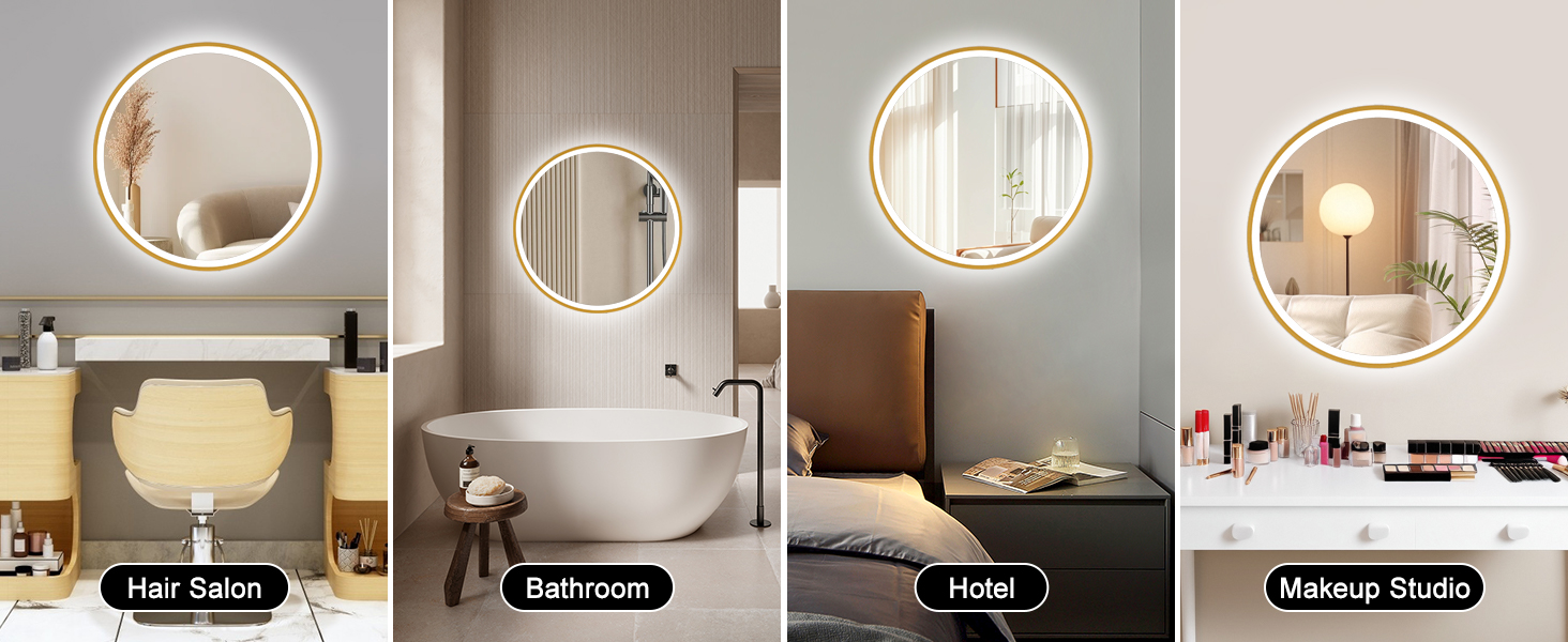 Дзеркало для ванної кімнати Furduzz з LED-підсвічуванням, 700 мм, сенсорне керування, диммування, 3 кольори, протизапотівання, пам'ять, золота рамка (60x60 см)