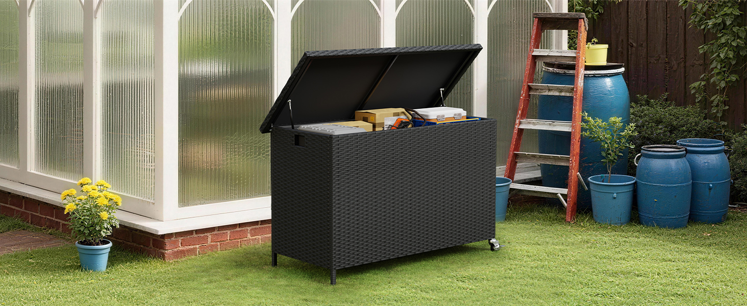 Водонепроникний садовий ящик Amopatio Gartenbox 480л з поліротангу, металевий ящик для подушок на колесах з газліфтом для саду та балкону (чорний)