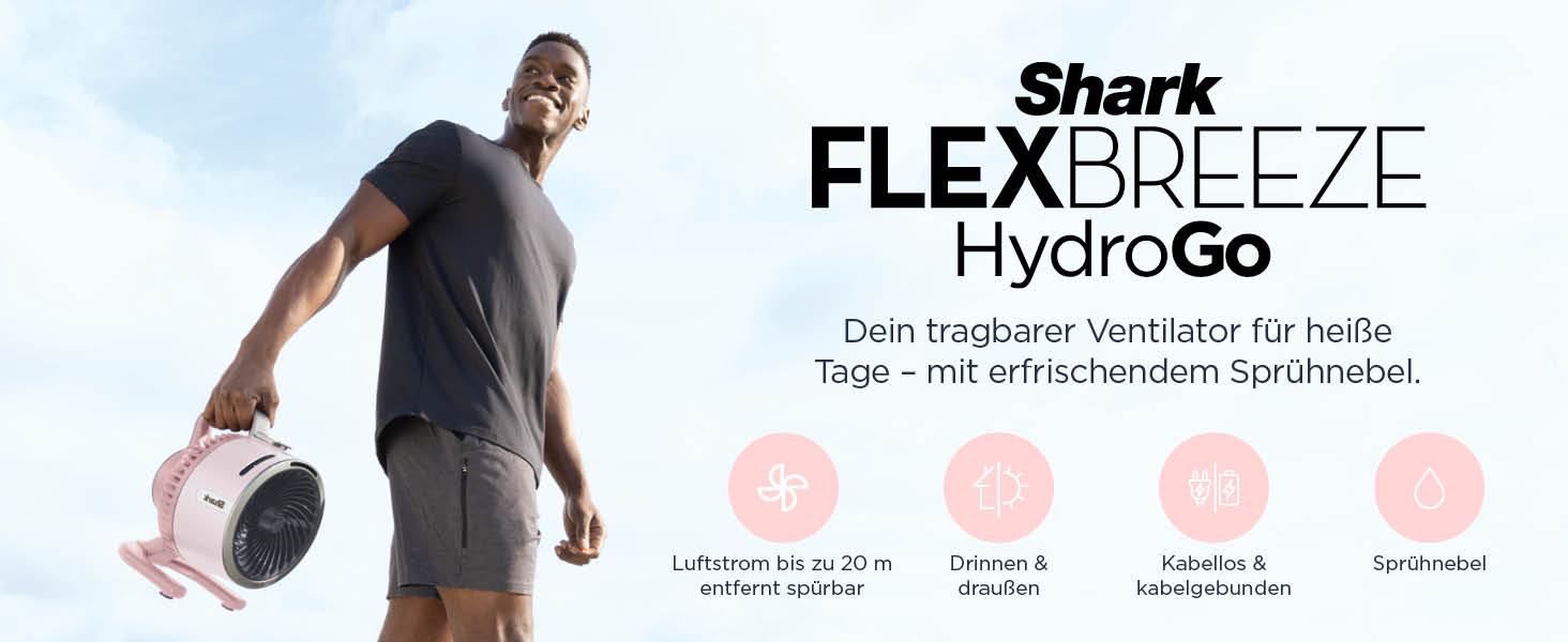 Вентилятор Shark FlexBreeze HydroGo Starker з функцією розпилення, охолодження для дому та вулиці, тихий та довговічний, з підключенням та без, компактний та легкий, потік повітря до 20 м, Quartz FA050EUPK