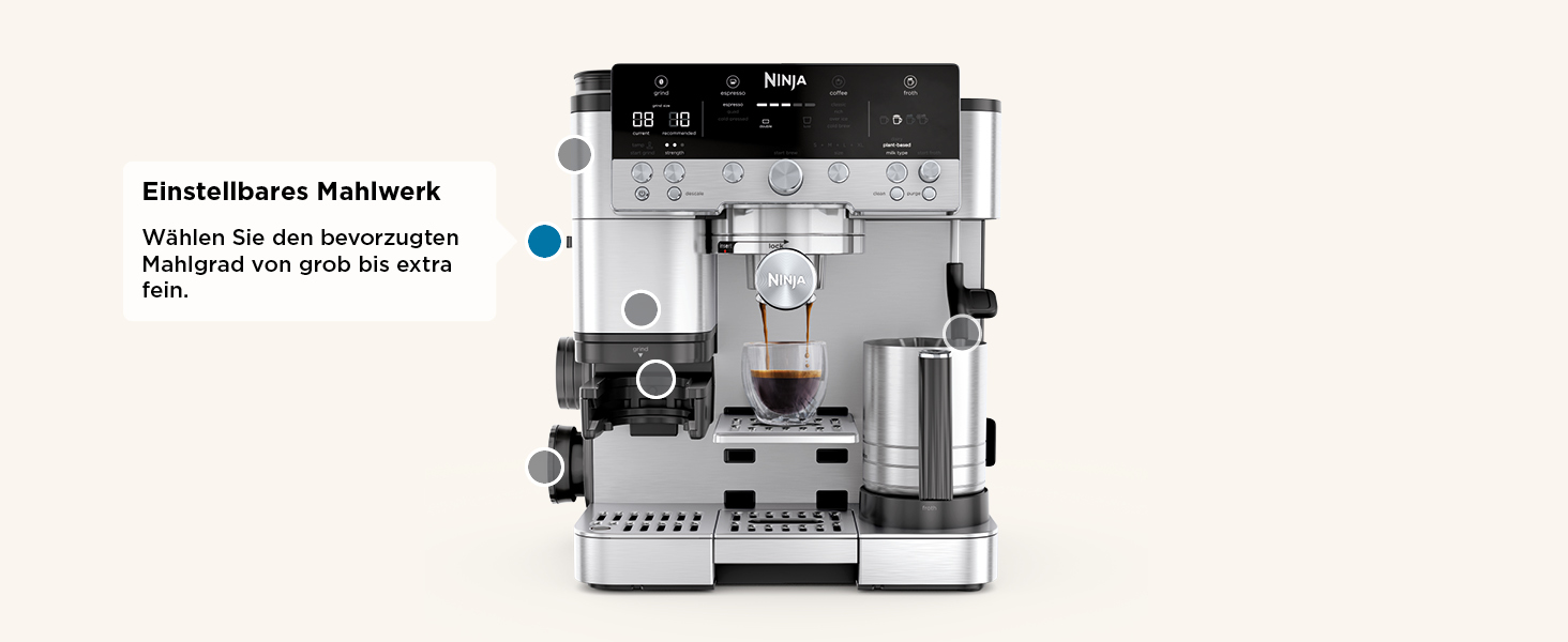 Кавомашина Ninja Luxe Premier 3-в-1 з млинком і капучинатором, для латте, капучино, еспресо, холодної кави, 4 режими спінювання, срібляста, ES601EU, євро-штекер