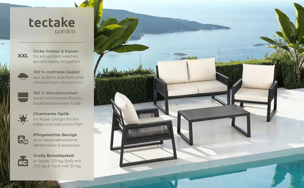 Набір садово-розкішних меблів tectake® з ротангу для саду/балкону: 2 крісла, диван, стіл, подушки, 4 місця, вологостійкі