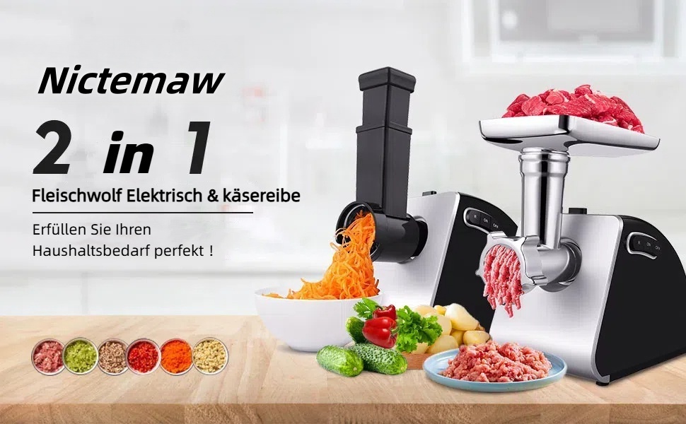 Електричний м'ясорубка Nictemaw Fleischwolf 2000W з 3 насадками: для фаршу, ковбаси та випічки. Підходить для м'яса, овочів та тіста (сірий)