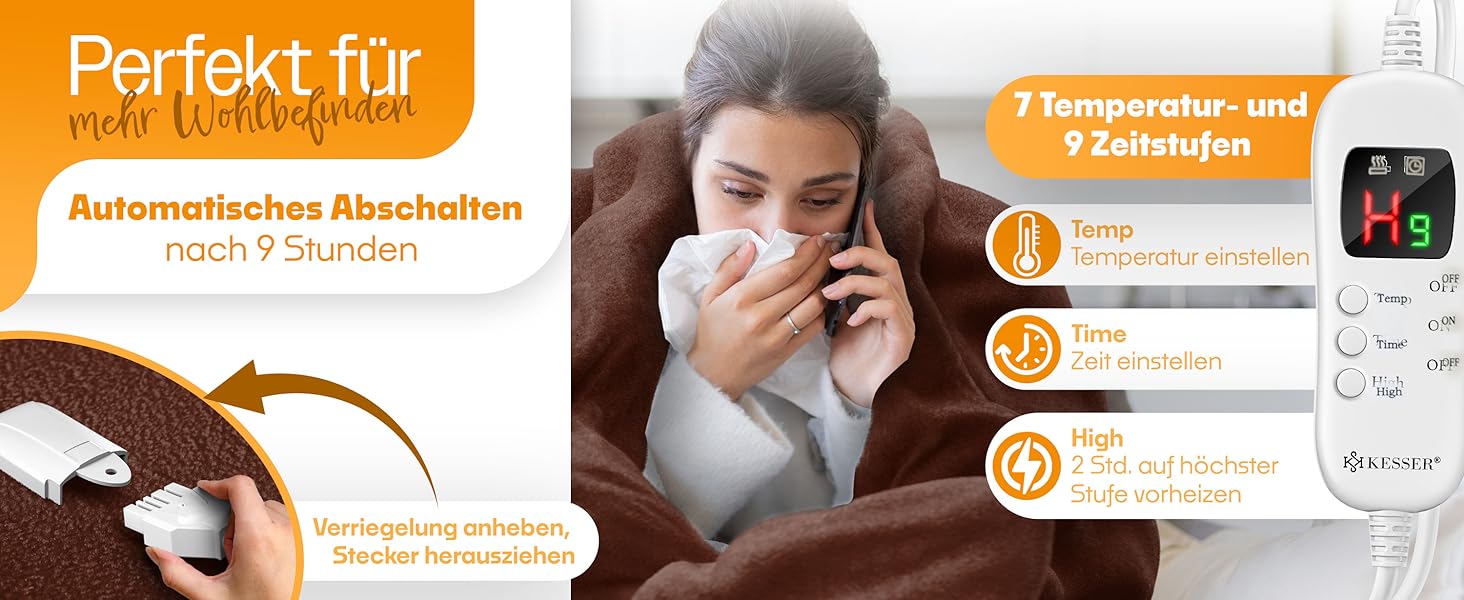 Електрична грілка KESSER® з плюшу 160x120 см, антрацит, з таймером, 7 температурних режимів, пральна до 40°C, цифровий дисплей, сертифікат TÜV SÜD GS
