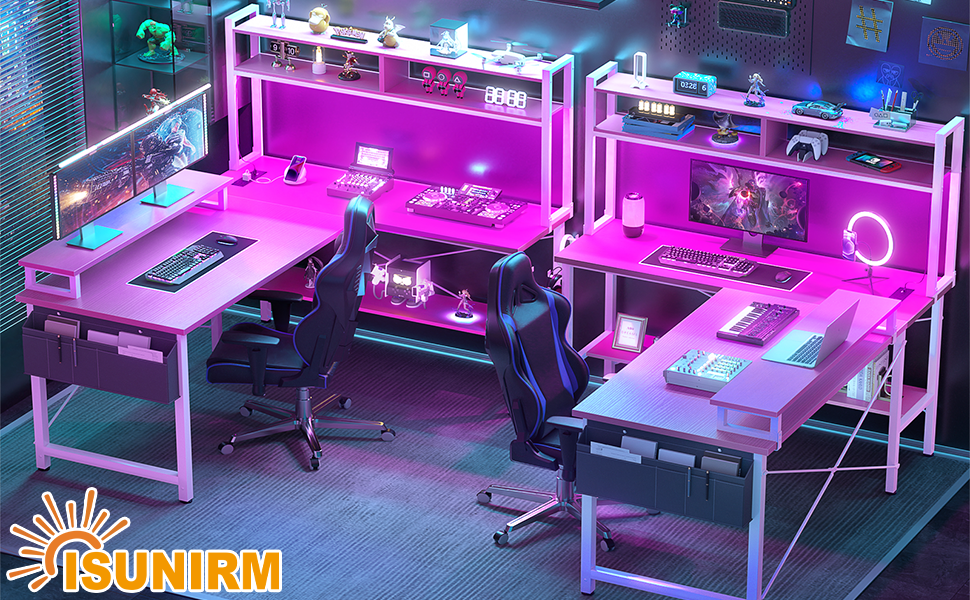Ігровий кутовий стіл iSunirm L-подібний з LED-підсвіткою, розетками, підставкою для монітора та полицею, рожевий