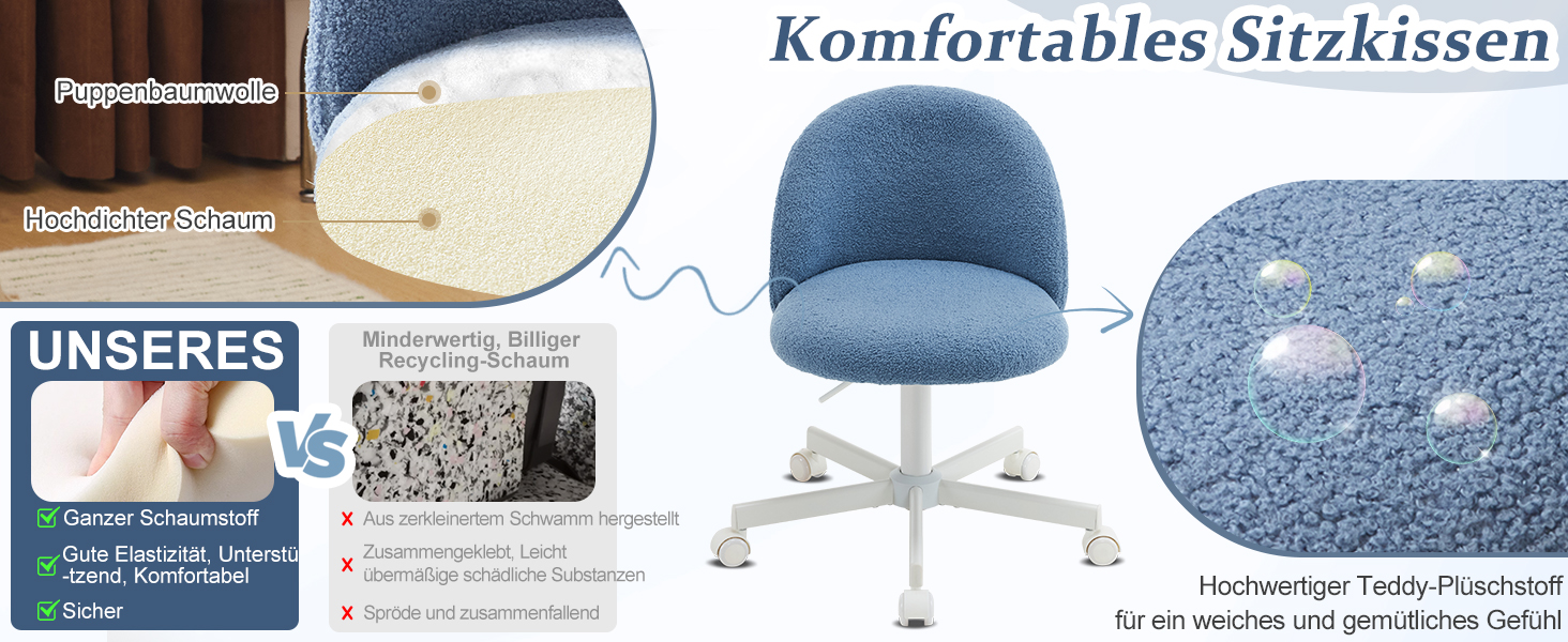 Крісло офісне Bonnlo з регулюванням висоти, для робочого кабінету, спальні, home office, обшите тедді, білий (блакитний)