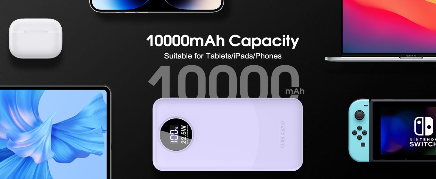 Порти, LED, для iOS/Android, фіолетовий, 10000mAh, 22.5W PD QC 3.0, USB-C, 3