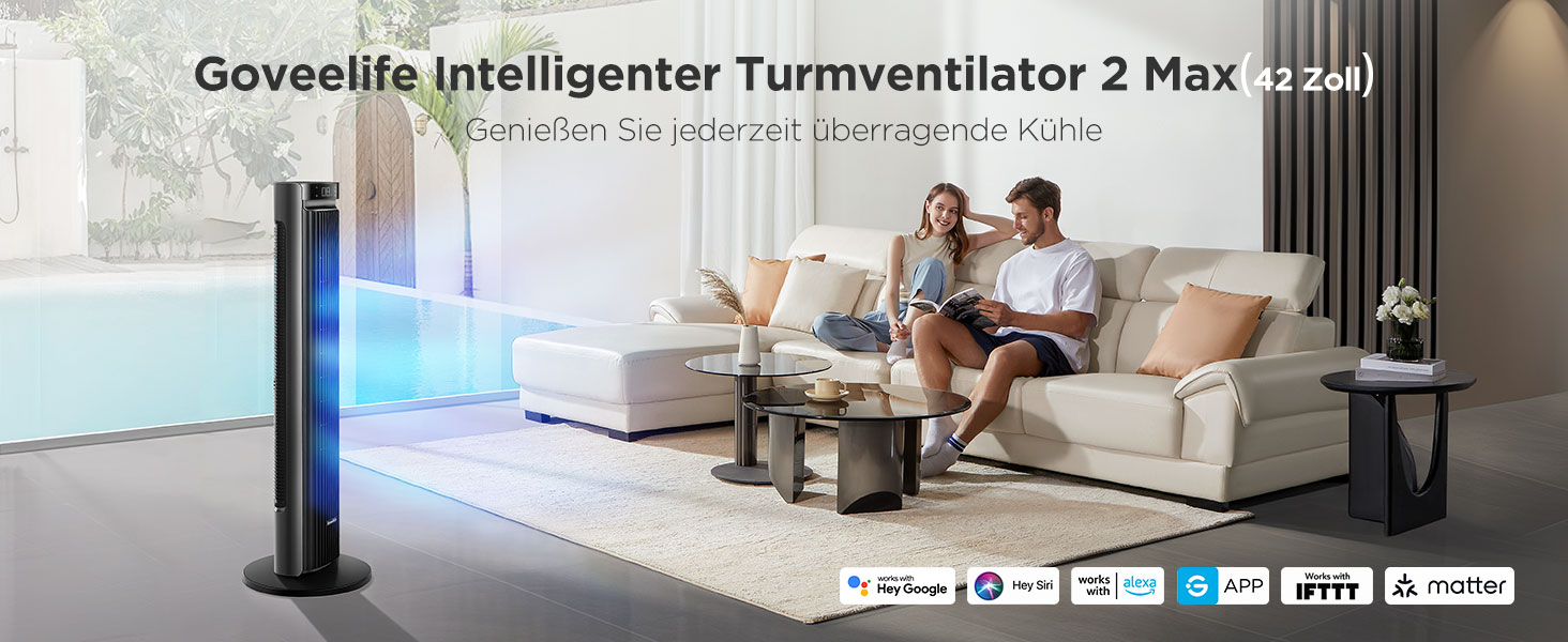 Вентилятор Tower GoveeLife Leiser: Розумний вежний вентилятор з 12 швидкостями, таймером, осциляцією 150° та керуванням через додаток (чорний матовий)
