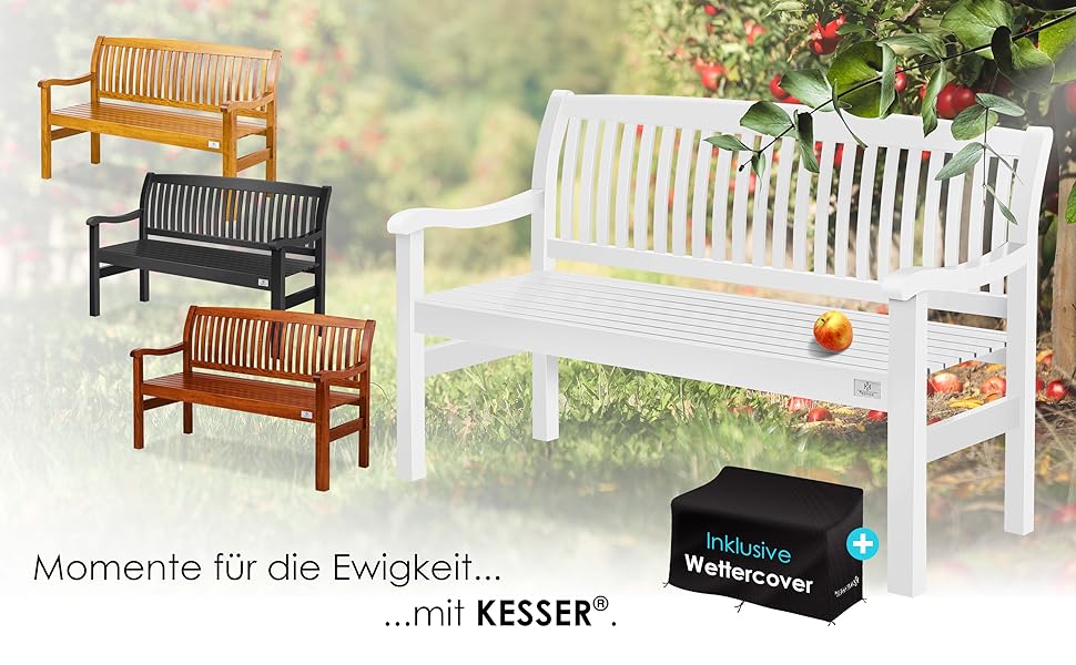 Садова лавка KESSER® дерев'яна для 3-4 осіб, біла 125 см, з чохлом - міцна паркова лавка з масиву для балкона, тераси та саду