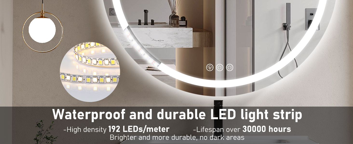 Дзеркало для ванної кімнати з підсвічуванням, 60 см, кругле, з антизапарюючим покриттям, диммер, 3 кольори світла, 60x60 см