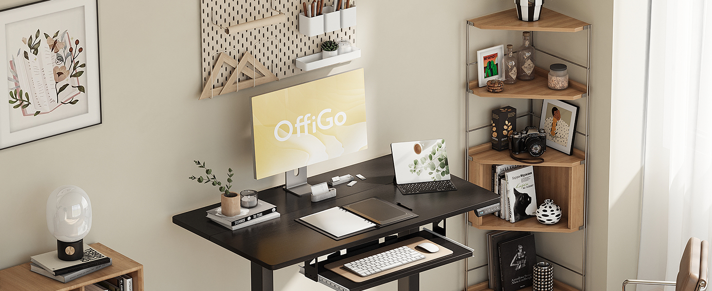 Електричний стіл OffiGo, 100x50 см, з підставкою для клавіатури, 3 режими пам'яті, для роботи та навчання, білий