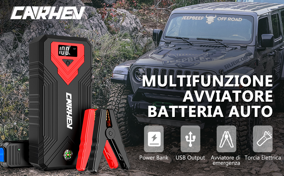 Бустер для авто CARHEV Jump Starter 3000A — Пусковий пристрій з LCD-дисплеєм для бензинових (до 8л) та дизельних (до 8л) двигунів, 12V Powerbank з USB швидкою зарядкою та LED-ліхтарем