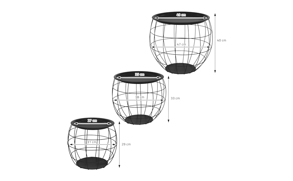 Набір журнальних столиків ML-Design з 3 круглих, чорних, металевих кошиків журнальний столик 3 розміри Ø31см/Ø38см/Ø47см, метал, знімна стільниця, місце для зберігання, 3 шт. Столи для вітальні, диванні столики, журнальні столики, гніздові столи
