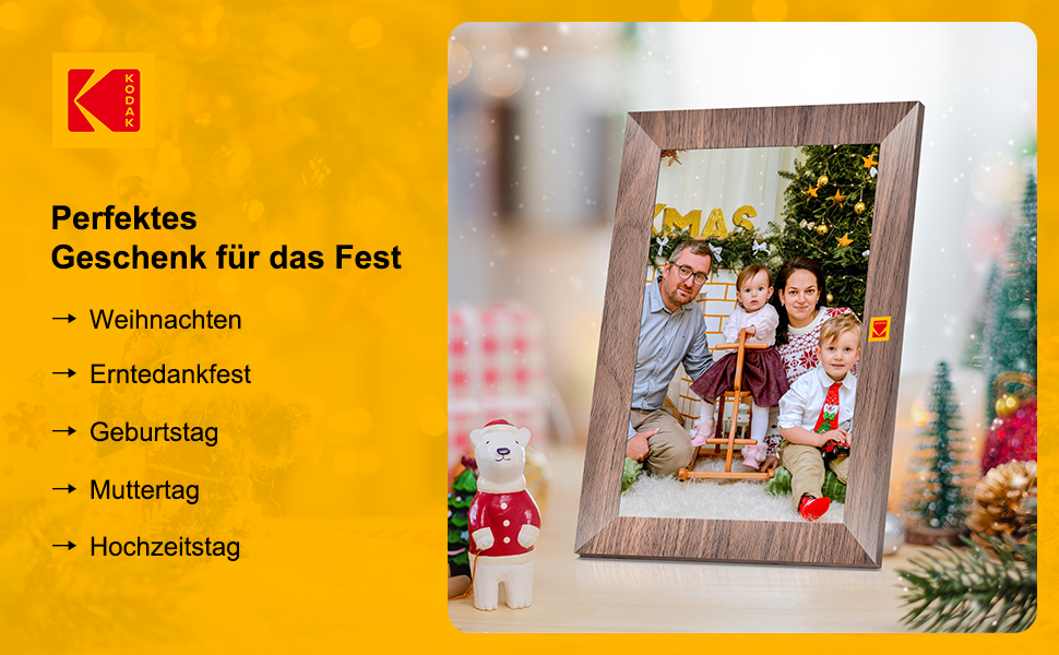 Цифровий фоторамка Kodak WiFi, 8 дюймів, IPS сенсорний екран, 32GB, автоматичне обертання, коричневе дерево