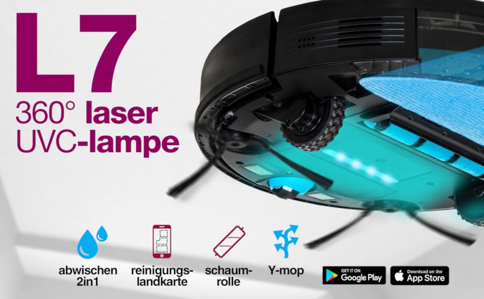 Робот-пилосос SALENTE L7 з функцією миття, 360° лазерна навігація, Wi-Fi, SLAM-картування, керування через додаток. Підходить для підлоги, паркету, килимів та видалення шерсті тварин. UV-стерилізація.