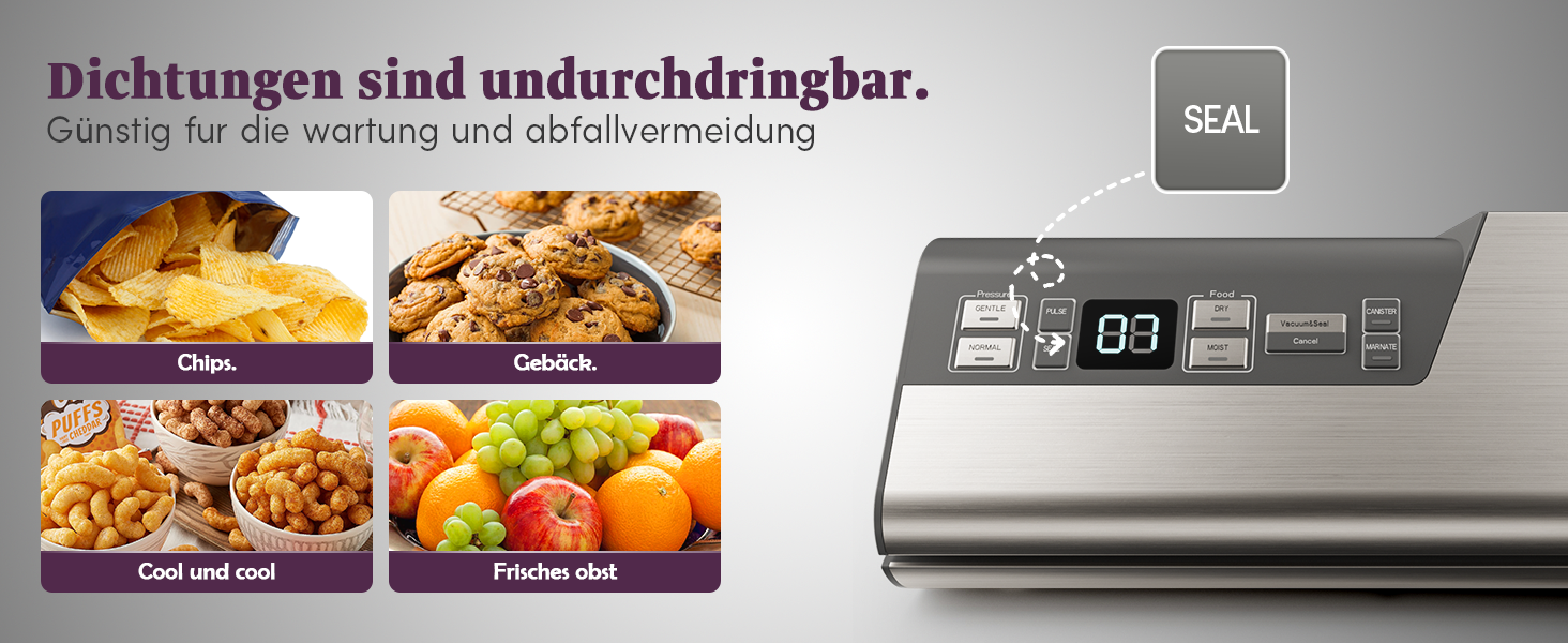 Вакууматор Mesliese для продуктів, 140 Вт, 95 кПа, з подвійним швом, вбудованим різаком та відсіком для рулонів, сірий