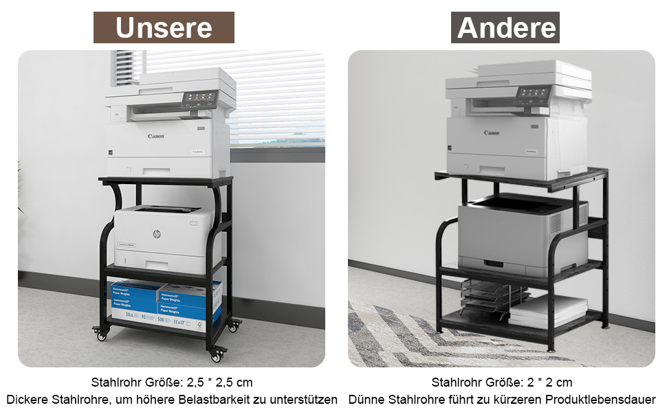 Регульований стіл для принтера PUNCIA з 3 полицями, з роликами, мобільний візок для принтера з дерева та металу, чорний (60 x 50 см)