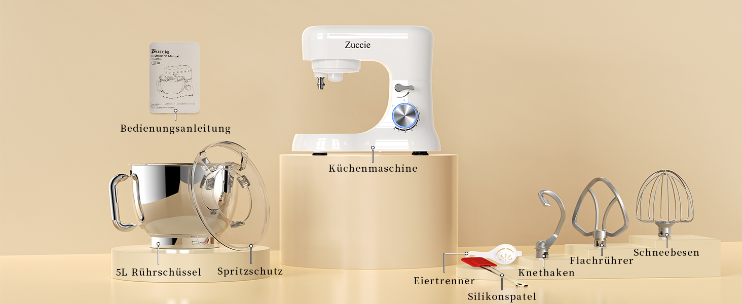 Кухонна машина Zuccie з тихою роботою, місткістю 5л, з нержавіючою чашею, 3 насадки, сплітц-захист, скребок для тіста та роздільник яєць, 8+ швидкостей.