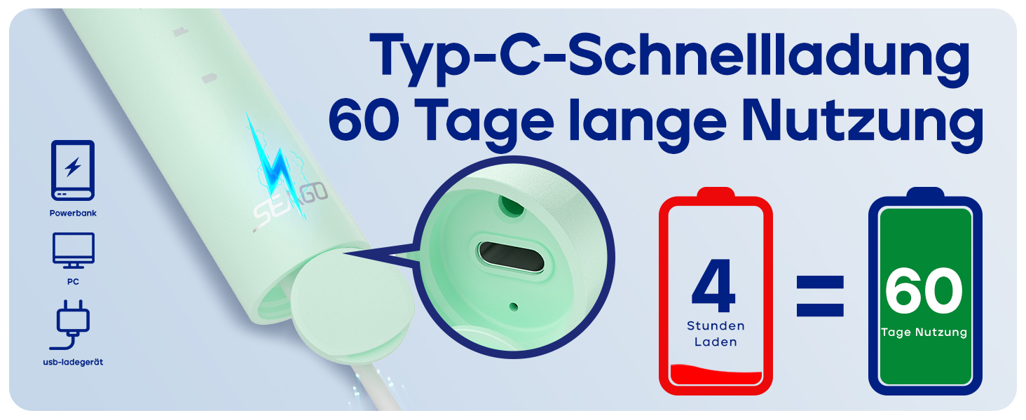 Електрична зубна щітка Seago SG-2316 (зелена) з 10 насадками, тиха, для подорожей, з тримачем та кейсом, ультразвукова, акумулятор 60 днів, таймер для дорослих