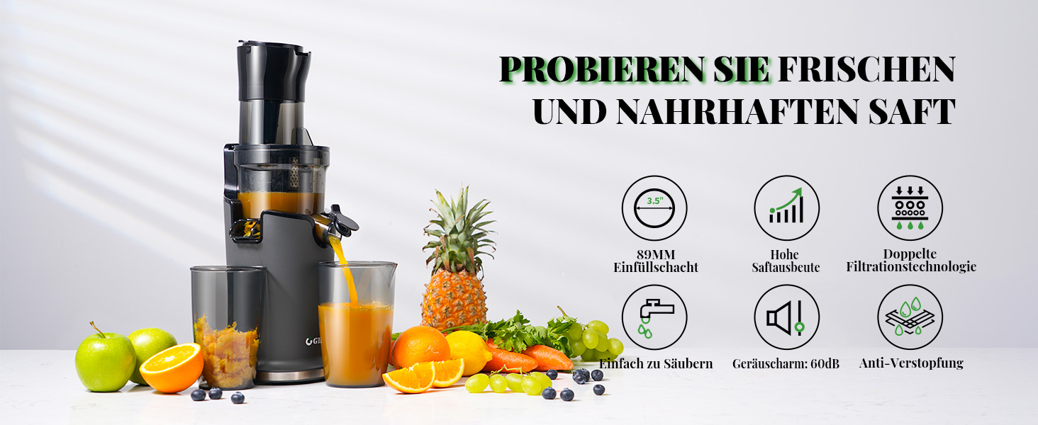Електричний соковитискач GDOR з великою завантажувальною воронкою 90 мм, висока врожайність, тихий, BPA-free, легко миється, 200W, сірий