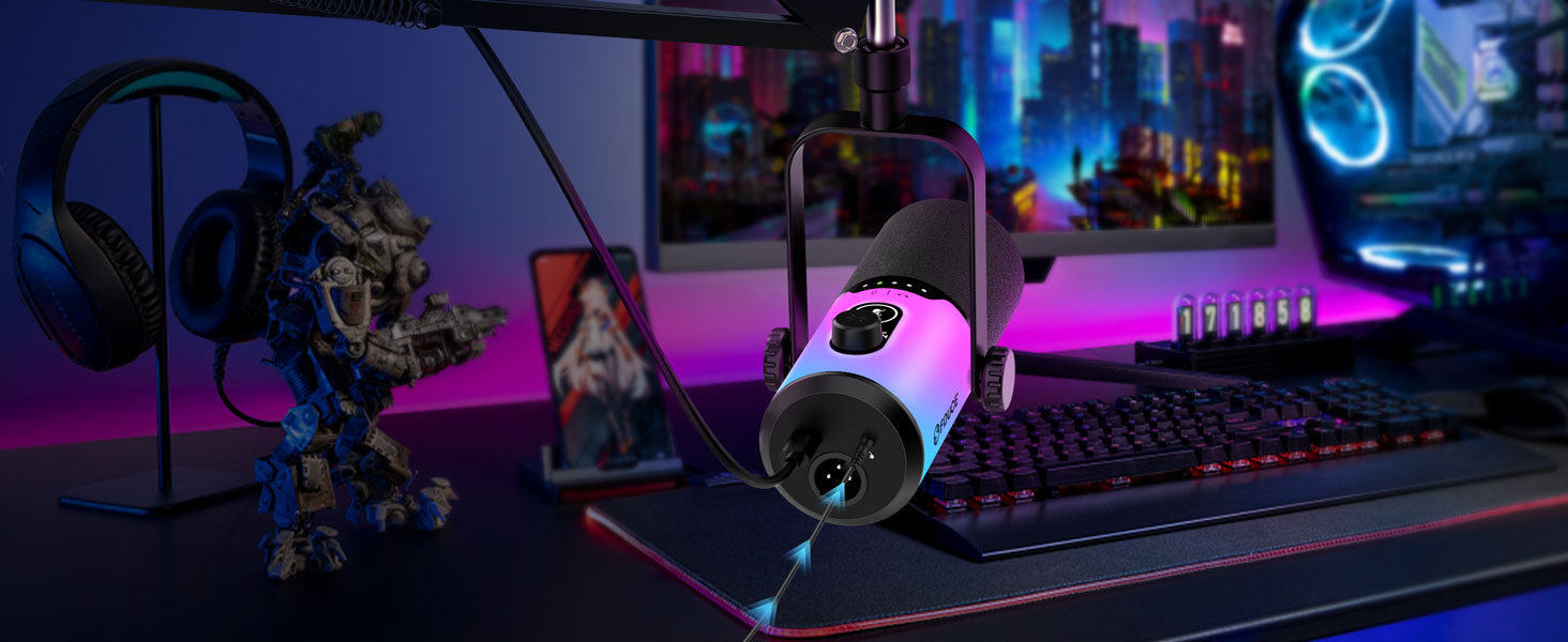 Ігровий мікрофон FDUCE з USB/XLR підключенням для стрімінгу, запису подкастів та ігор. RGB-підсвічування, регулювання чутливості, навушник, кріплення-павук (D20+)