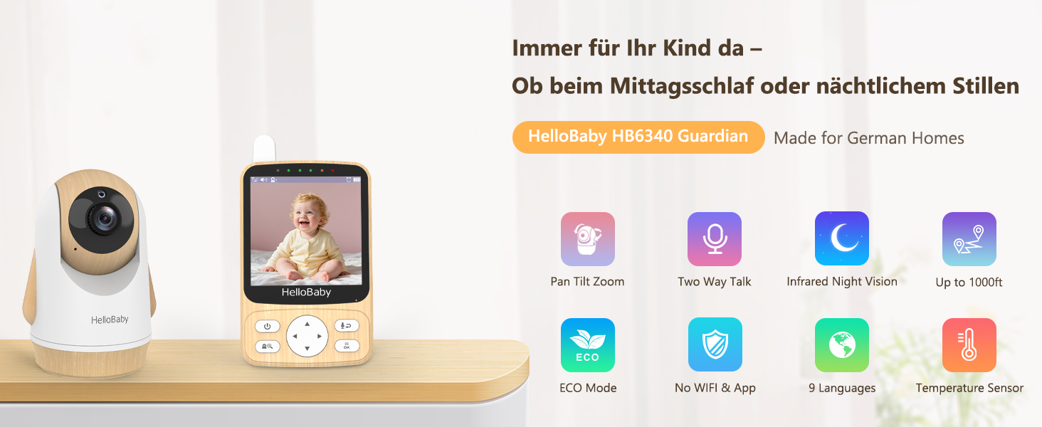 Радіоняня HelloBaby з камерою, 29 годин роботи, монітор для немовлят з поворотним механізмом, нічна зйомка, двосторонній зв'язок (HB6340)