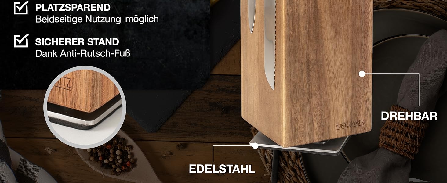 М'ясний блок Moritz & Moritz Akazie, поворотний на 360°, з магнітним утримувачем та знімним вкладишем з щетиною – зручний підставка для ножів на кухню, без ножів