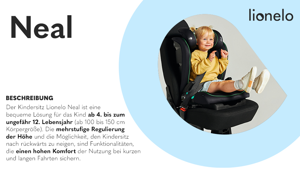 Дитяче автокрісло LIONELO Neal 15-36кг, Isofix, бічні протектори, маркування i-size, регульована спинка в 3 напрямках, регульований по висоті підголівник, система вентиляції (чорний)