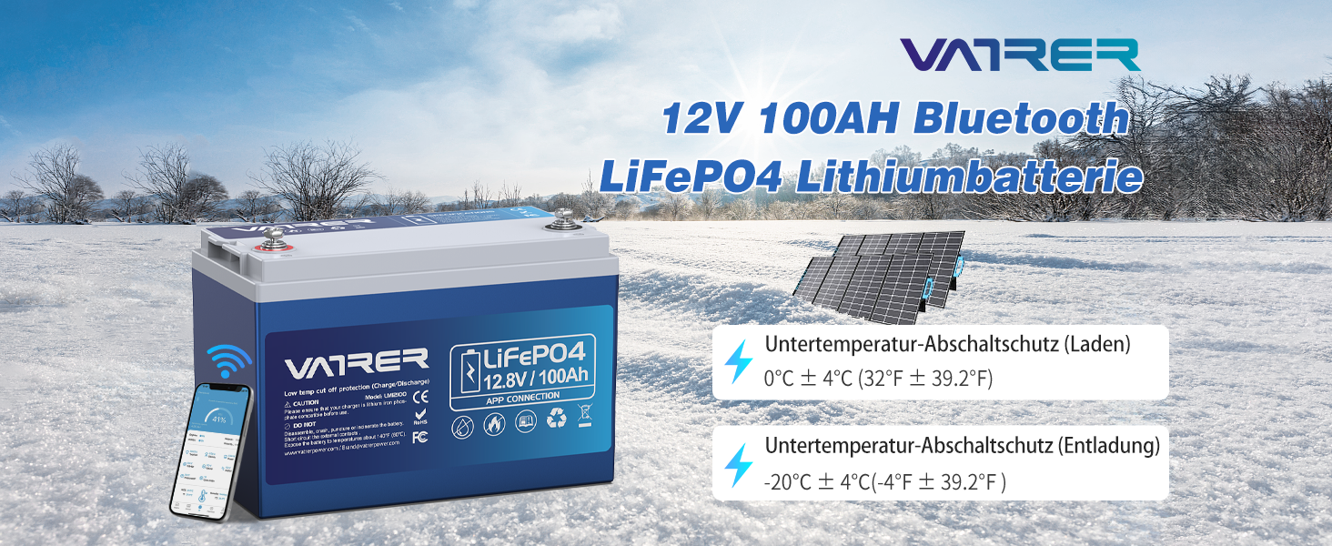 Літієва батарея VATRER POWER 12V 100AH LiFePO4 з Bluetooth, 100A BMS, 5000 циклів, 1280 Вт, захист від низької температури