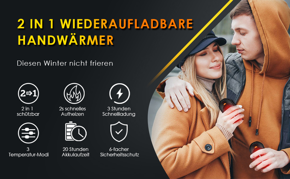 Електричні грілки для рук (2 шт) - перезаряджувані, з тривалим нагрівом до 20 годин, 3 рівні нагріву, для активного відпочинку взимку