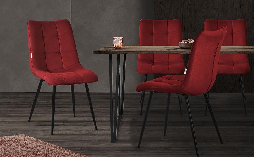 Крісла для їдальні ML-Design, крісла для вітальні з тканинним покриттям та чорними металевими ніжками, кухонні крісла з підлокотниками, м'які крісла для їдальні, вітальні, кухні, офісу (набір 4 шт, червоні)