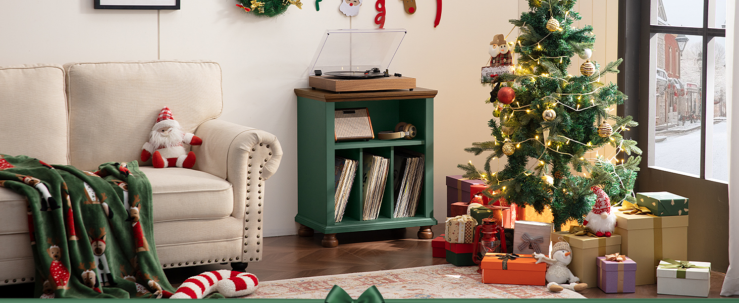 Стійка для програвача LELELINKY, полиця для платівок, місце для 200 платівок, дерев'яний стіл для програвача, полиця для платівок у вітальню, спальню, офіс (зелений)