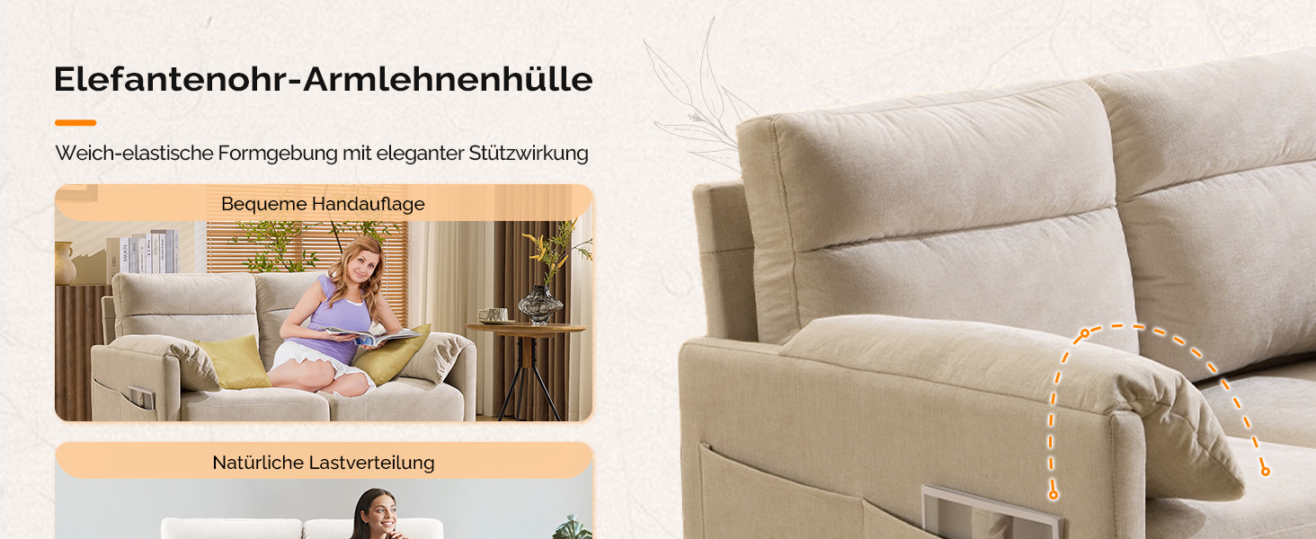 Диван Bonnlo 2-місний, компактний, 125 см, тканинний, бежевий. Зручні підлокітники, для офісу, вітальні, спальні, кабінету. Легка збірка. Льон.