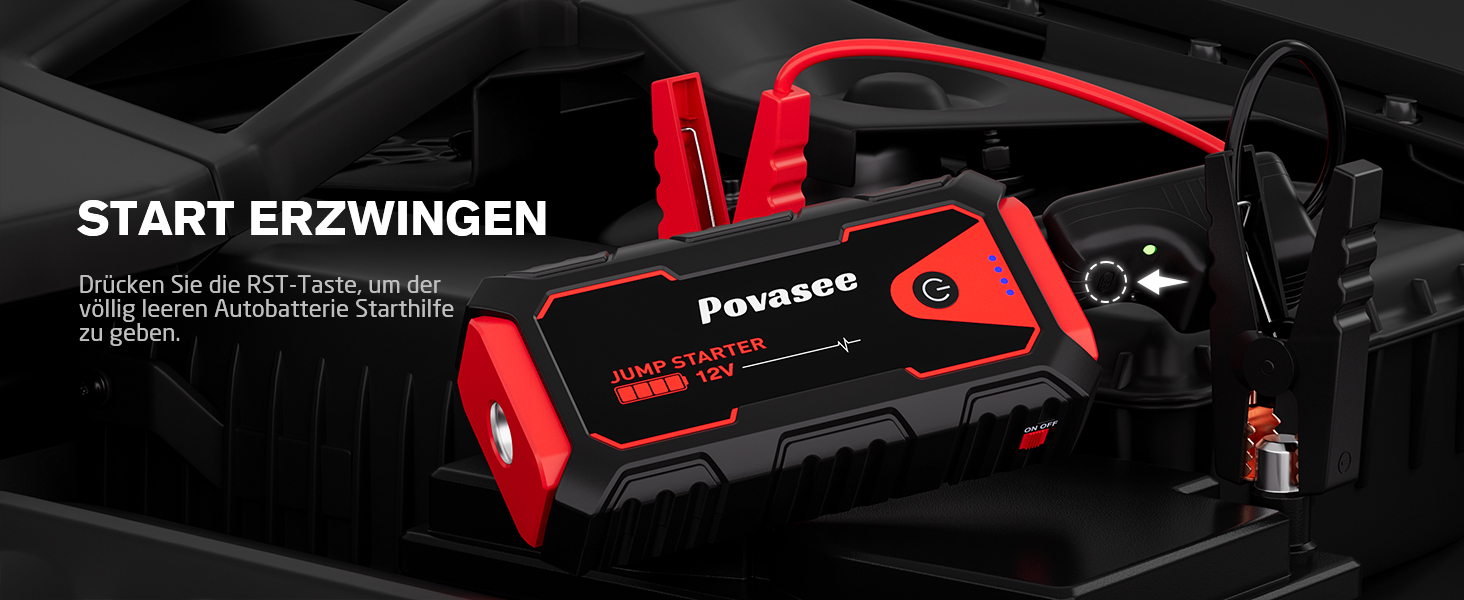Пусковий пристрій (бустер) Povasee Starthilfe Powerbank 5000A для авто 12V, LCD-дисплей, USB-порти, для бензинових та дизельних двигунів до 10л, червоний