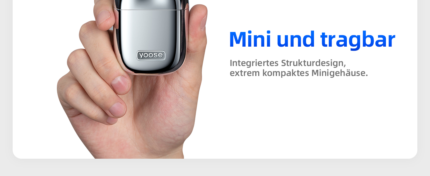 Електрична бритва Yoose MINI для чоловіків, водонепроникна (IPX7), срібляста, з мотором 8000 об/хв, Type-C зарядка