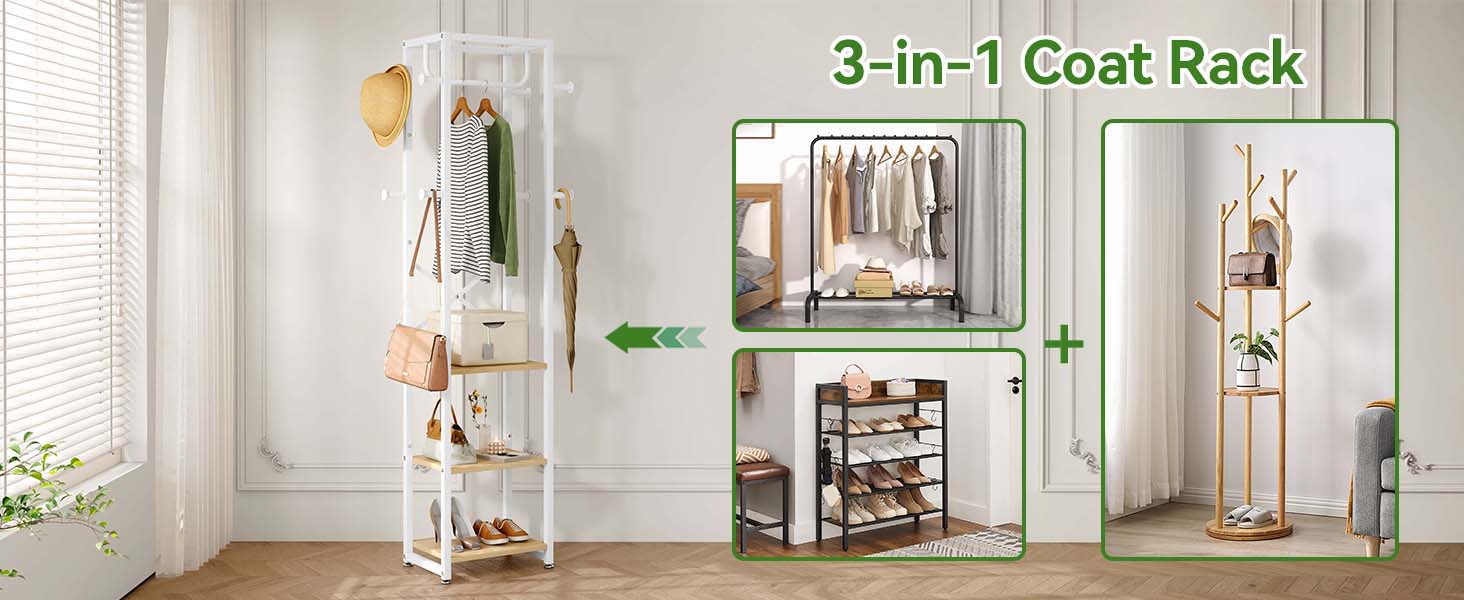 Підставка для одягу IBUYKE, вільного стояння, з 3 полицями та 8 гачками, індустріальний дизайн, для передпокою, коридору, спальні, 180 x 40 x 30 см, колір: натуральний та білий