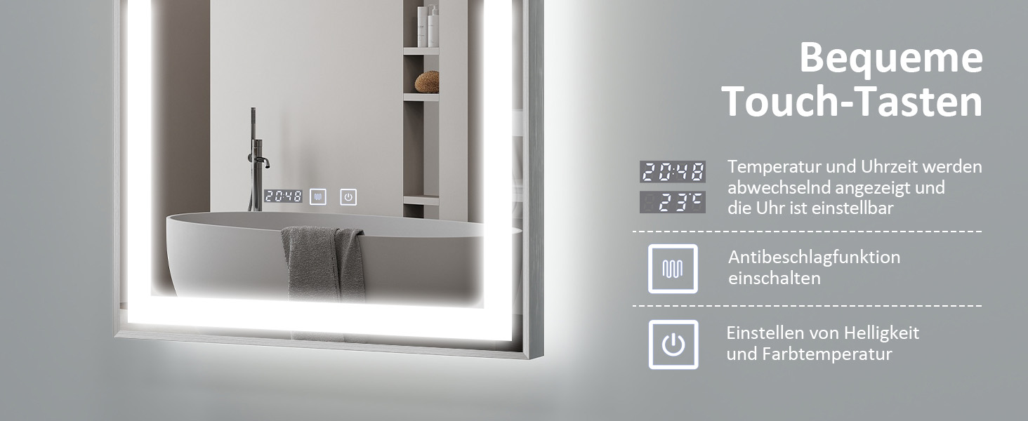 Дзеркало для ванної кімнати YOURLITE з підсвічуванням, 85x55 см, LED, сенсорне керування, 3 кольори світла, регулювання яскравості, антизапар, горизонтальне/вертикальне, IP44, білий (Silver-5070)