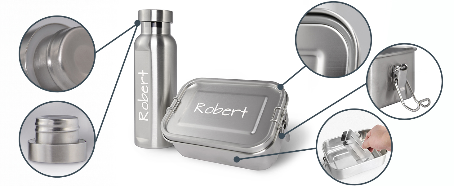Ланчбокс з нержавіючої сталі з гравіюванням імені + пляшка для води – 800 мл, 470 мл, з роздільником, захист від протікання, бенто-бокс – подарунок, 1 вересня, спорт, відпочинок на природі