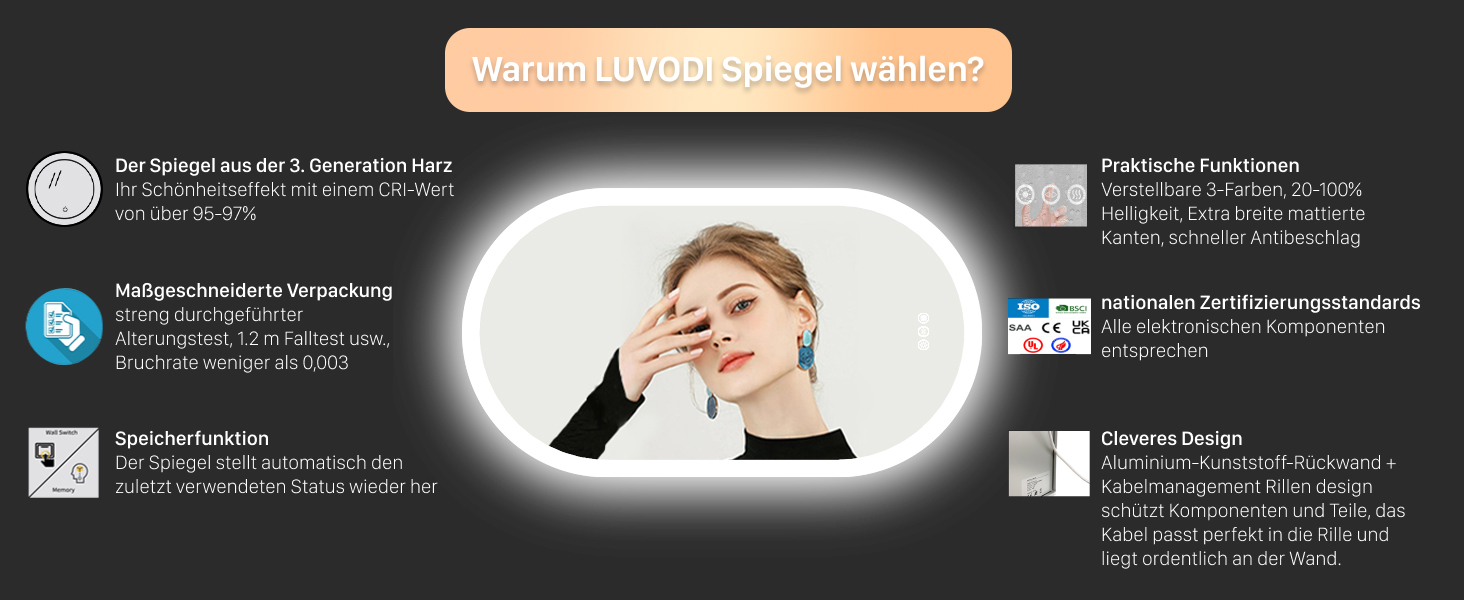 Дзеркало для ванної кімнати LUVODI овальне зі світлом, 50x80 см: LED, сенсорне керування, антизапар, 3 кольори, регулювання яскравості, пам'ять