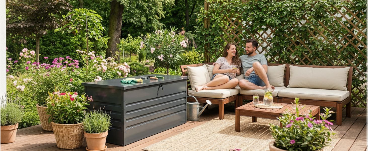 Універсальний садовий ящик-скриня Columba 490 л з кришкою - вуличний шафа, лавка зі зберіганням, контейнер для подушок, садовий будиночок, ящик для інструментів - чорний