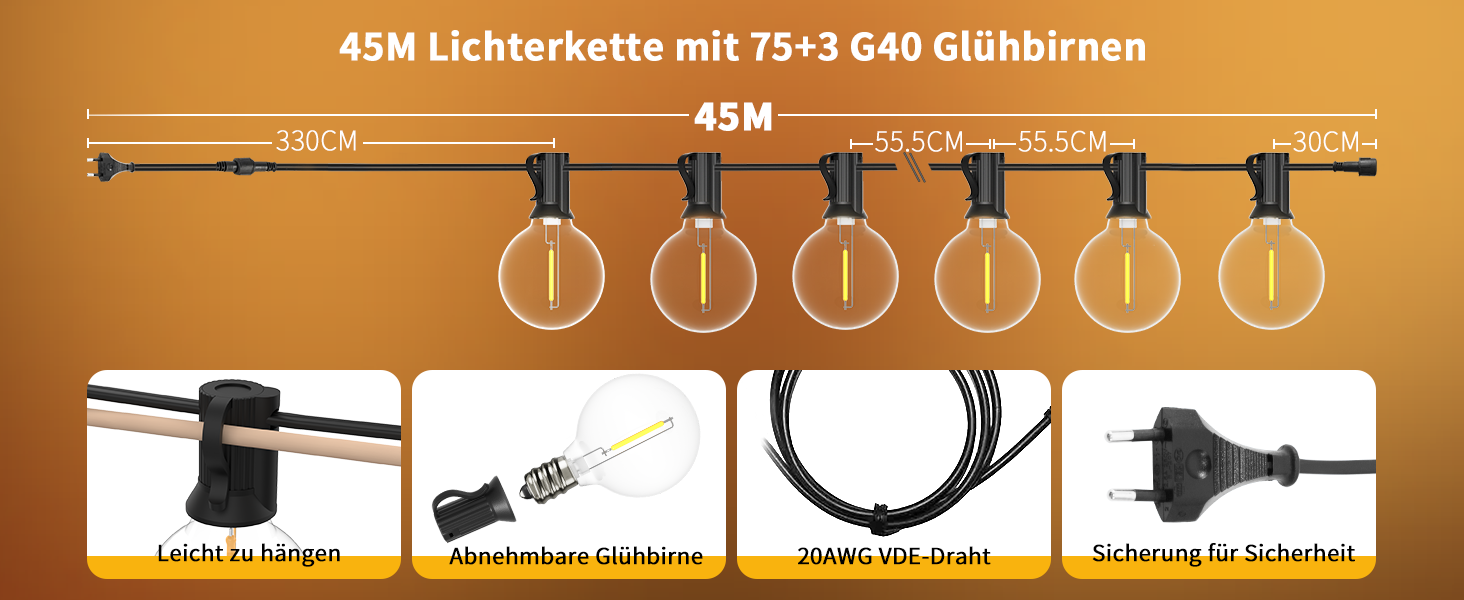 Гірлянда світлова вулична 45м LED G40 пластик, IP44, теплий білий 2700K для саду, тераси, вечірки